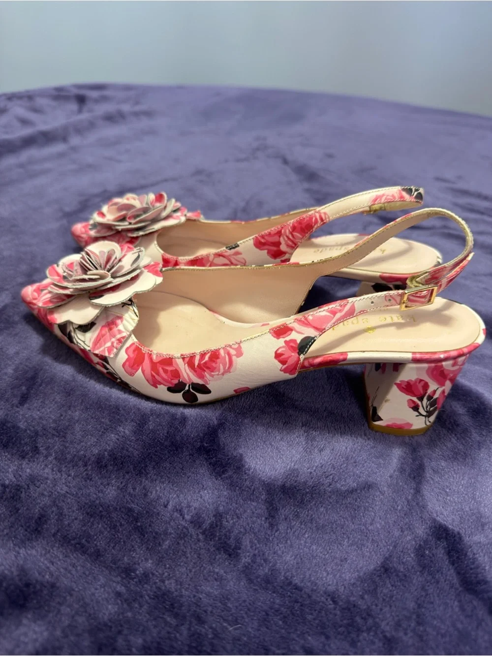 Kate Spade Pink Floral Pointed Slingback Heels with Rose Appliqués